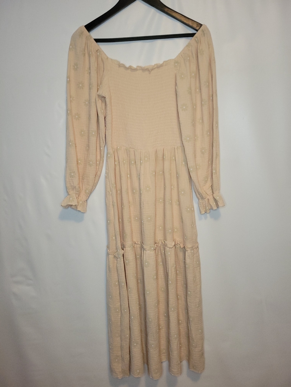 Cotton Textured Blush Cream Long Sleeve Maxi Dress With Smocked Bodice - Picture 2 of 12